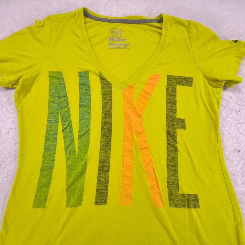 Nike Short Sleeve V Neck Graphic T Shirt Womens Size Large L Yellow Green